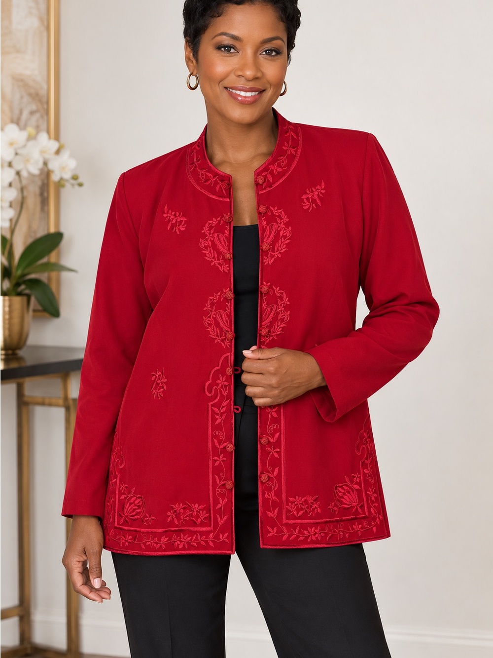 Maggie Sweet Jacket Size PS Red Embroidered Asian Inspired Mandarin Showstopper